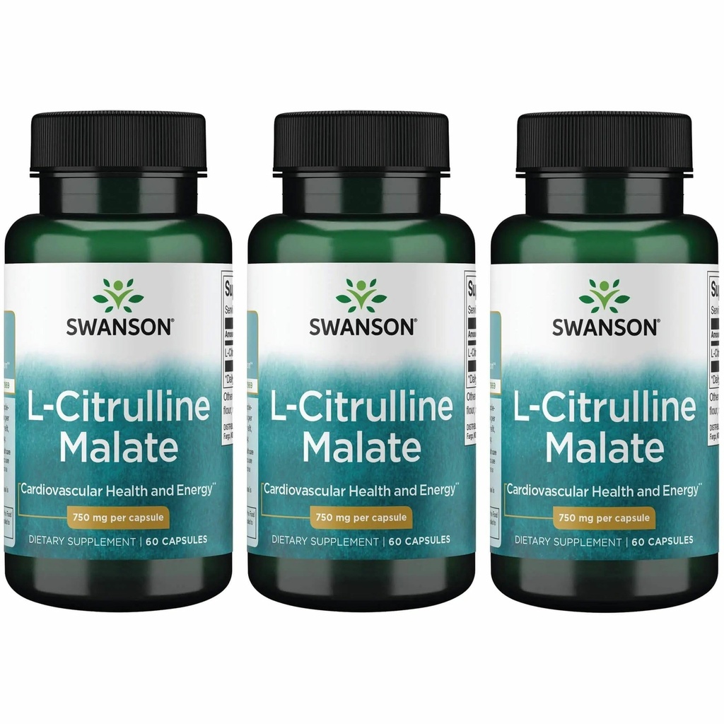 Malate de L-Citrulline de Swanson - Supplément acide amino Promouvoir la production d'énergie et la circulation sanguine saine - Formule naturelle appuyant le bien-être général - (60 capsules, 750mg chacune) (3 pack)