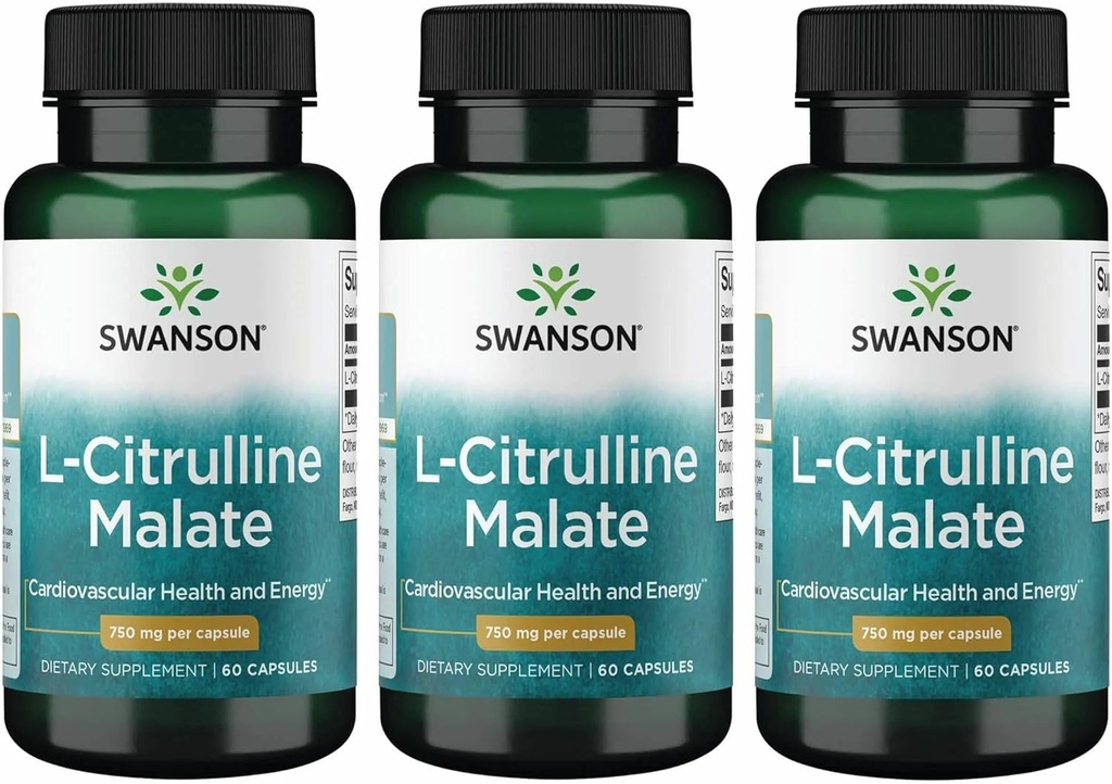 Malate de L-Citrulline de Swanson - Supplément acide amino Promouvoir la production d'énergie et la circulation sanguine saine - Formule naturelle appuyant le bien-être général - (60 capsules, 750mg chacune) (3 pack)