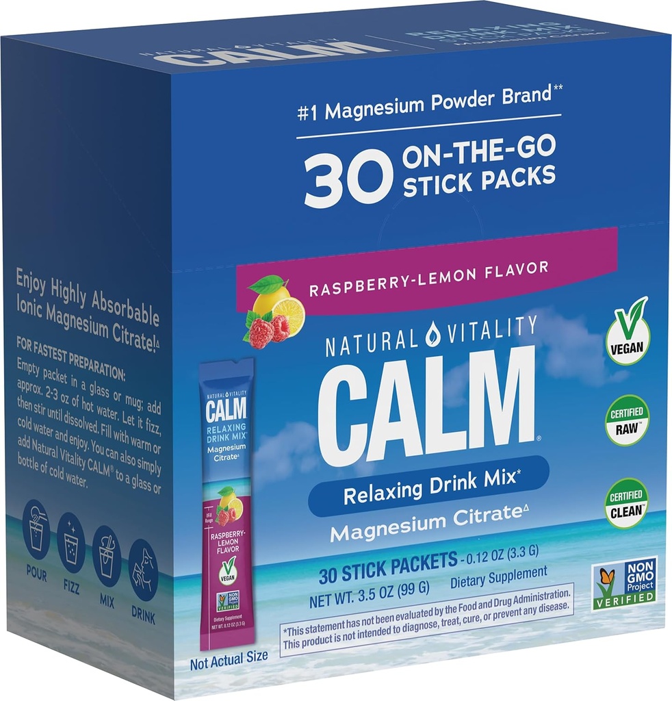 Natural Vitality Calm, Magnesium Citrate Supplement, Anti-Stress Drink Mix Powder - Gluten Free, Vegan, & Non-GMO, Raspberry Lemon, 0.12 oz, 30 Packets