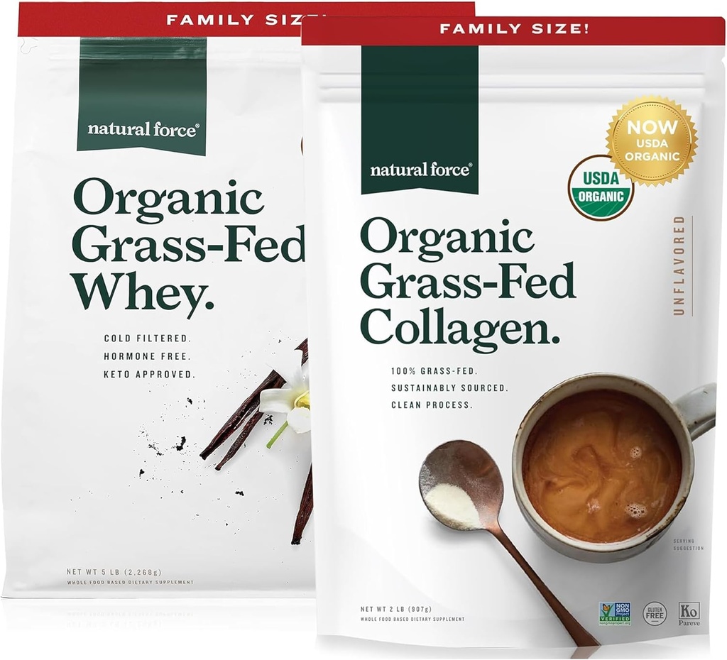 Force naturelle Herbe Poudre de protéines de lactosérum bio Vanille Flavor 5 lb Poudre de peptides de collagène propre biologique non aromatisée, 32 oz