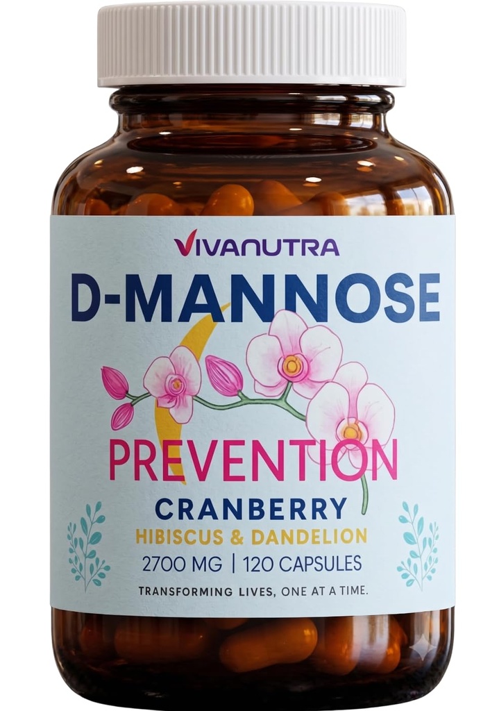 Gélules de Mannose de Cranberry D – Mannose de D avec Cranberry, Hibiscus et Dandelion, 2000 mg/jour – Soutient la santé et le confort du système urinaire – 120 Capsules de Véggie
