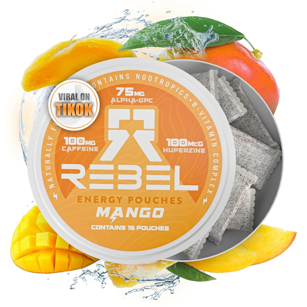 Poupées de caféine Nootropic Energy • 100 mg de caféine • Alpha GPC • Huperzine A & Vitamines essentielles • Sans sucre • Technologie de fibre de coco • Flaveur de mangue • 15 Pochettes par boîte (paquet de 1)