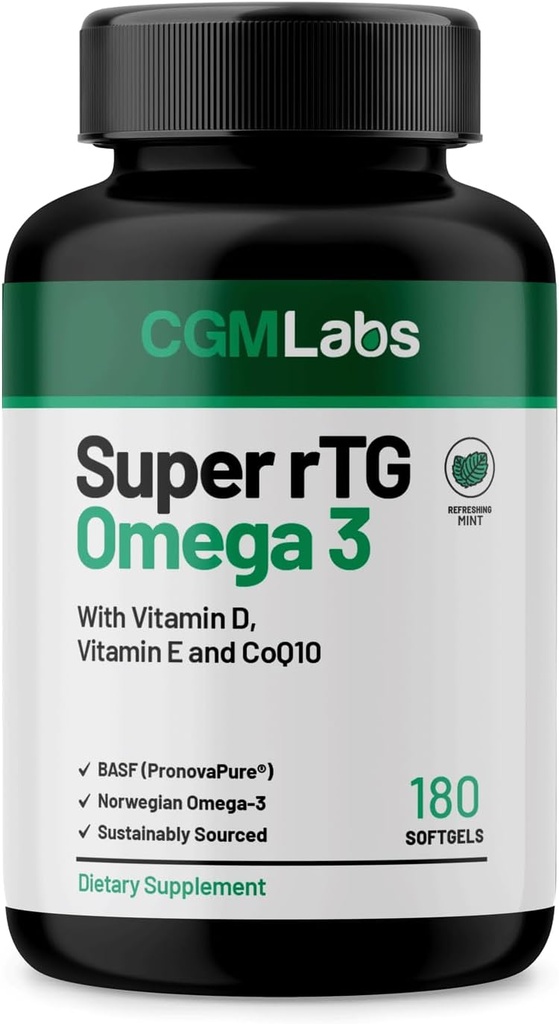 rTG Omega 3 Huile de poisson norvégienne avec supplément alimentaire CoQ10- Santé cardiaque et antioxydant avec les vitamines D & E – 2000 mg Source durable – Super rTG Omega 3, 180 Softgels par CGM Labs