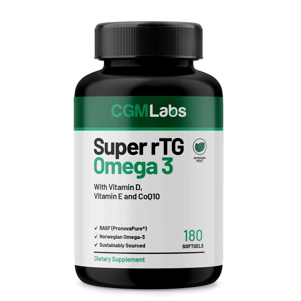 rTG Omega 3 Huile de poisson norvégienne avec supplément alimentaire CoQ10- Santé cardiaque et antioxydant avec les vitamines D & E – 2000 mg Source durable – Super rTG Omega 3, 180 Softgels par CGM Labs