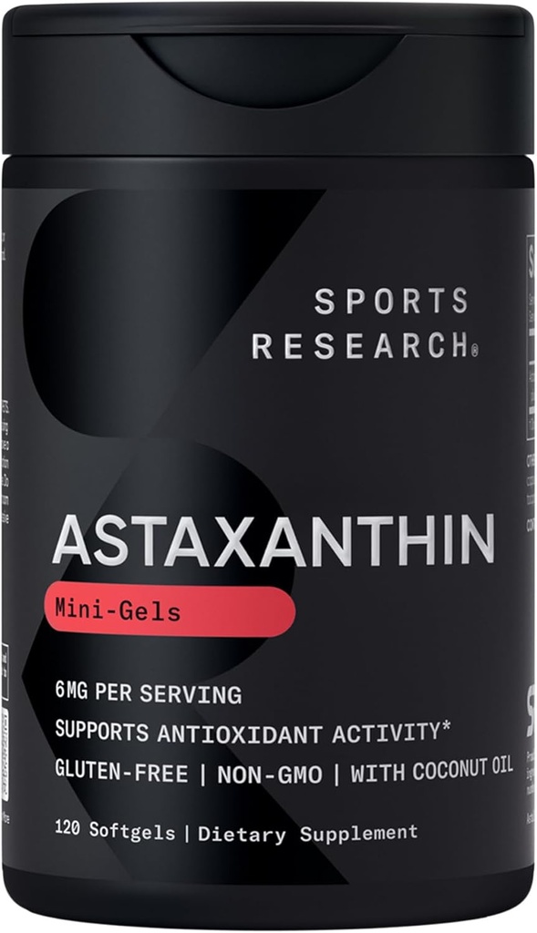 Sport Research Triple Strength Astaxanthin Supplement (6mg) avec de l'huile de coco biologique pour l'activité antioxydante, la peau et le soutien de la santé oculaire - Non-OGM Vérifié et sans gluten - 120 Softgels