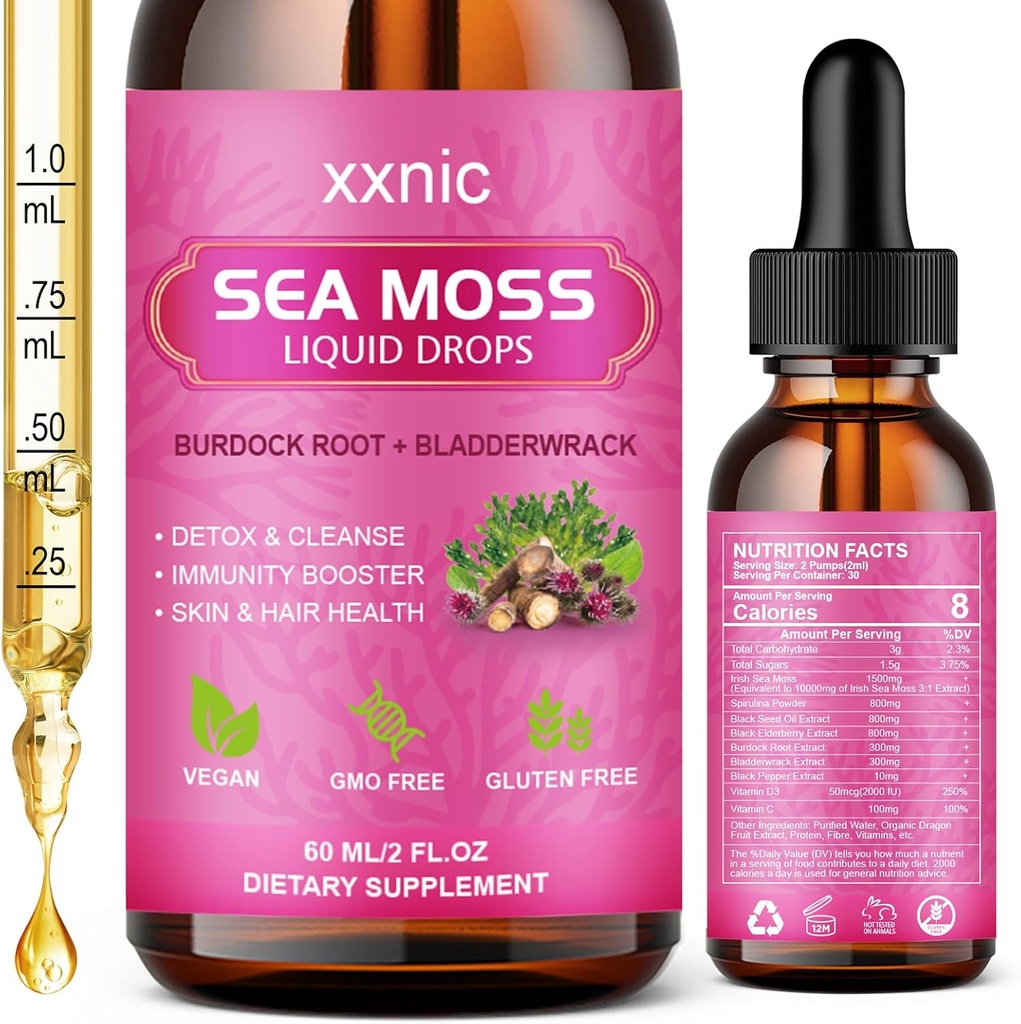 Moss de mer avancées gouttes liquides, 3000mg Moss de mer biologique liquide avec l'huile de graines noires et le gel de l'Irish Seamoss, la mousse de mer brute soutenir l'immunité, joint, santé digestive, 60mL-L8