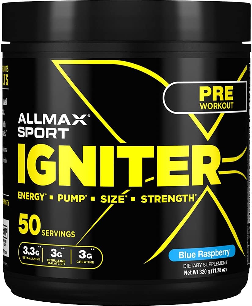 ALLMAX IGNITER Sport, Blue Raspberry - 330 g - Formule pré-entraînement - avec caféine, L-Citrulline, L-Arginine, Créatine et Beta Alanine - jusqu'à 50 portions