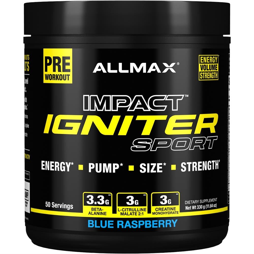 ALLMAX IGNITER Sport, Blue Raspberry - 330 g - Formule pré-entraînement - avec caféine, L-Citrulline, L-Arginine, Créatine et Beta Alanine - jusqu'à 50 portions