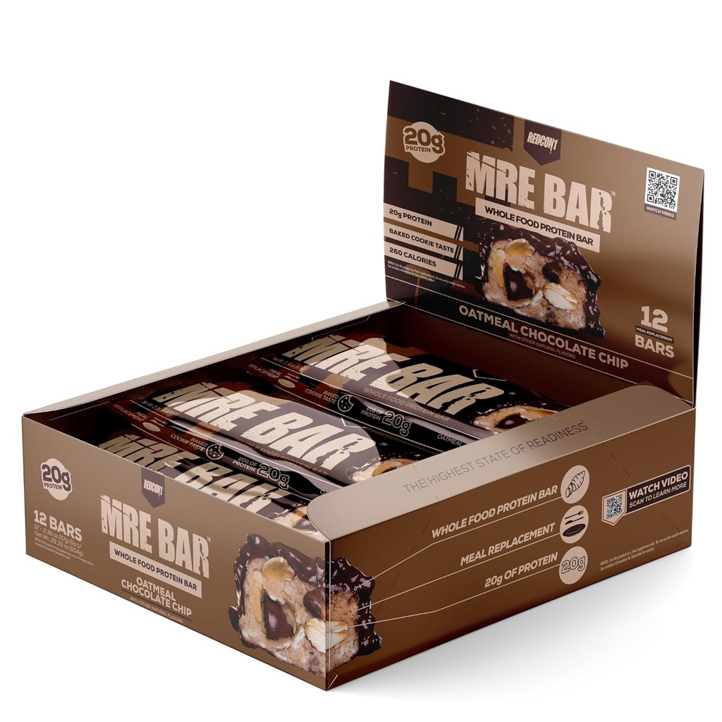 REDCON1 Barre de protéines MRE, croustilles de chocolat à l'avoine - Contient de l'huile MCT + 20g de protéines alimentaires entières - Facilement digestible, Macro équilibré Bar de repas à faible teneur en sucre (12 barres)
