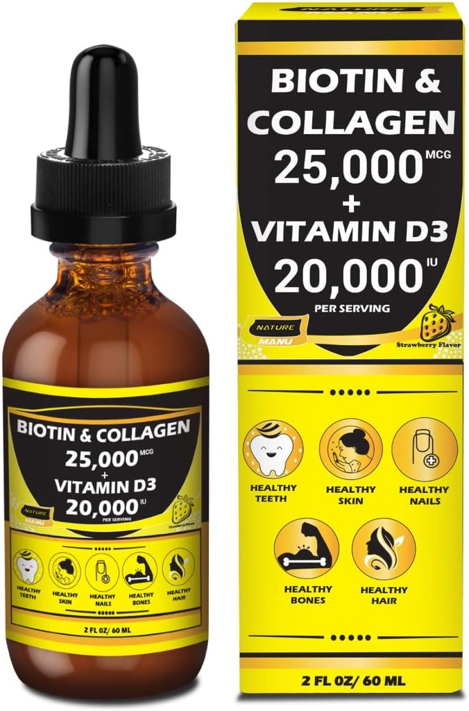 Nature Manu-Premium 25,000mcg Biotine liquide et collagène+20,000iu Vitamine D3 gouttes quotidiennes de bien-être tout-en-un. Saveur de fraise délicieuse - 2 FL OZ/60 ML