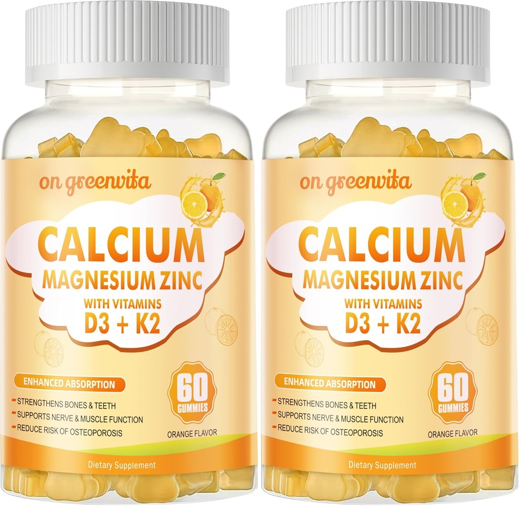 Gommies de zinc de magnésium de calcium avec vitamine D3 et K2 - Absorption accrue de haute puissance -120 Gommes d'orange Aromatisés