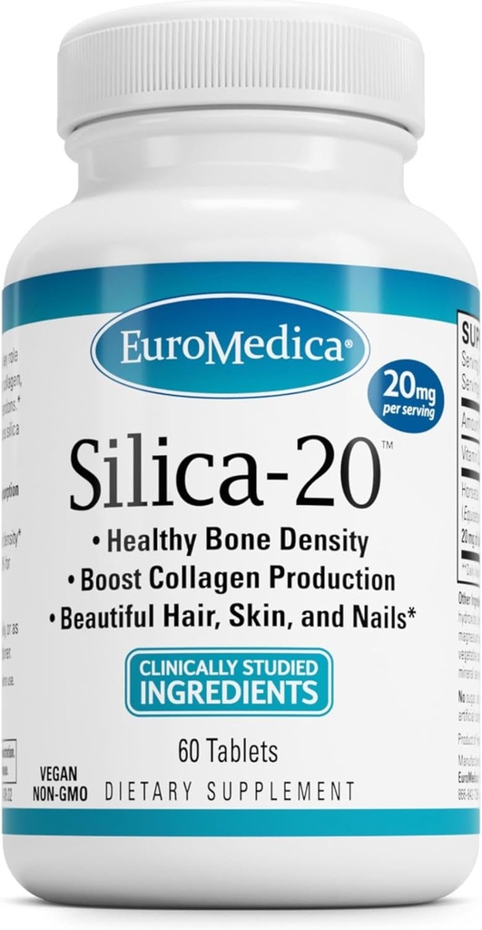 EuroMedica Silica-20 - Supplément soutient la structure osseuse et la production de collagène - Forte dentition et soutien de la densité osseuse en bonne santé - Aide la santé des cheveux, de la peau et des ongles - 60 comprimés (30 portions)