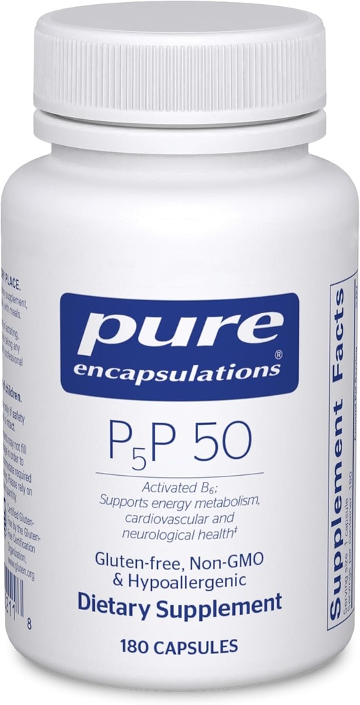 Encapsulations pures P5P 50 - Vitamine active B6 - Soutient le métabolisme énergétique et la santé cérébrale* - Sans gluten et sans OGM - 180 capsules