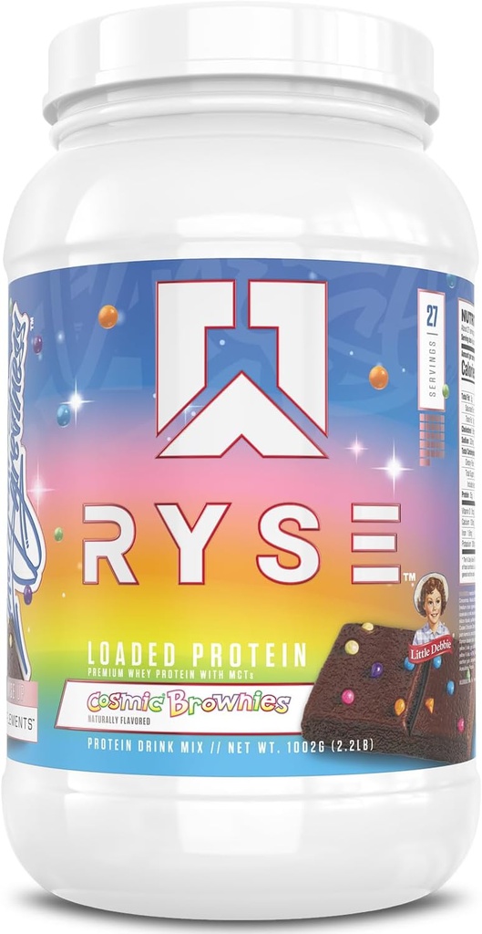 RYSE Poudre de protéines chargées - Petite débbie Brownie Cosmique - 25g Protéine de lactosérum Isolée et concentrée avec fibre prébiotique et MCT - faible teneur en glucides, faible teneur en sucre, friendly - 27 portions / 2 lb Tub