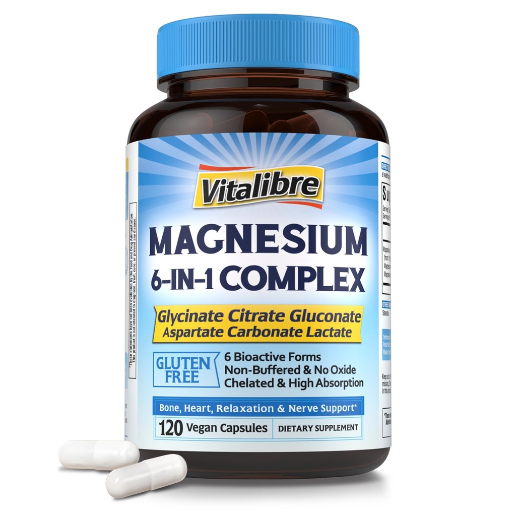 Supplément complexe de magnésium 6 en 1, 1160mg Magnésium chélaté pour l'absorption maximale, aide pour mieux dormir, relaxation et nervosité calme, 120 Capsules végétaliennes, sans OGM et sans gluten