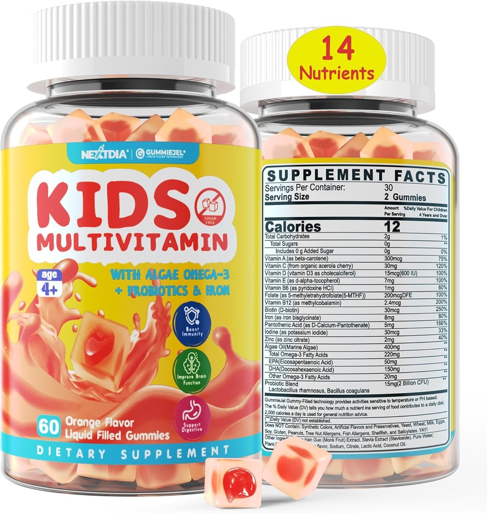 Gummies multivitamines pour enfants avec fer, sans sucre, Vitamines quotidiennes pour enfants + probiotiques, Algae Omega 3 (EPA/DHA), A, C, D, Méthyl B12, Folate, B6, Zinc, Biotine, pour une croissance saine, Soutien immunitaire, 60 Compte