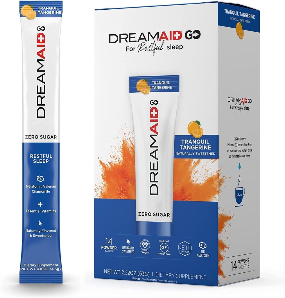 Sleep Aid Drink Mix, DreamAid, Melatonin, Camomile - aide les adultes à dormir plus rapidement, à dormir plus longtemps et à se réveiller Se sentir rajeuni, Zéro Sucre et Keto Friendly, 14 portions (Pack de 1)