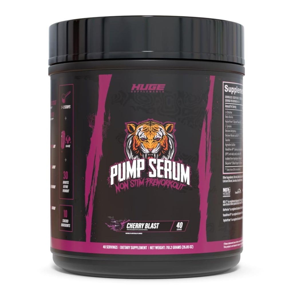 Suppléments énormes pompe Sérum, Stim sans préentraînement et booster à oxyde nitrique pour améliorer la concentration, les pompes, la satisfaction avec pas de caféine, L-Citrulline, GlycerPump, L-Tyrosine, Nitrosigine (Blast de Cherry)