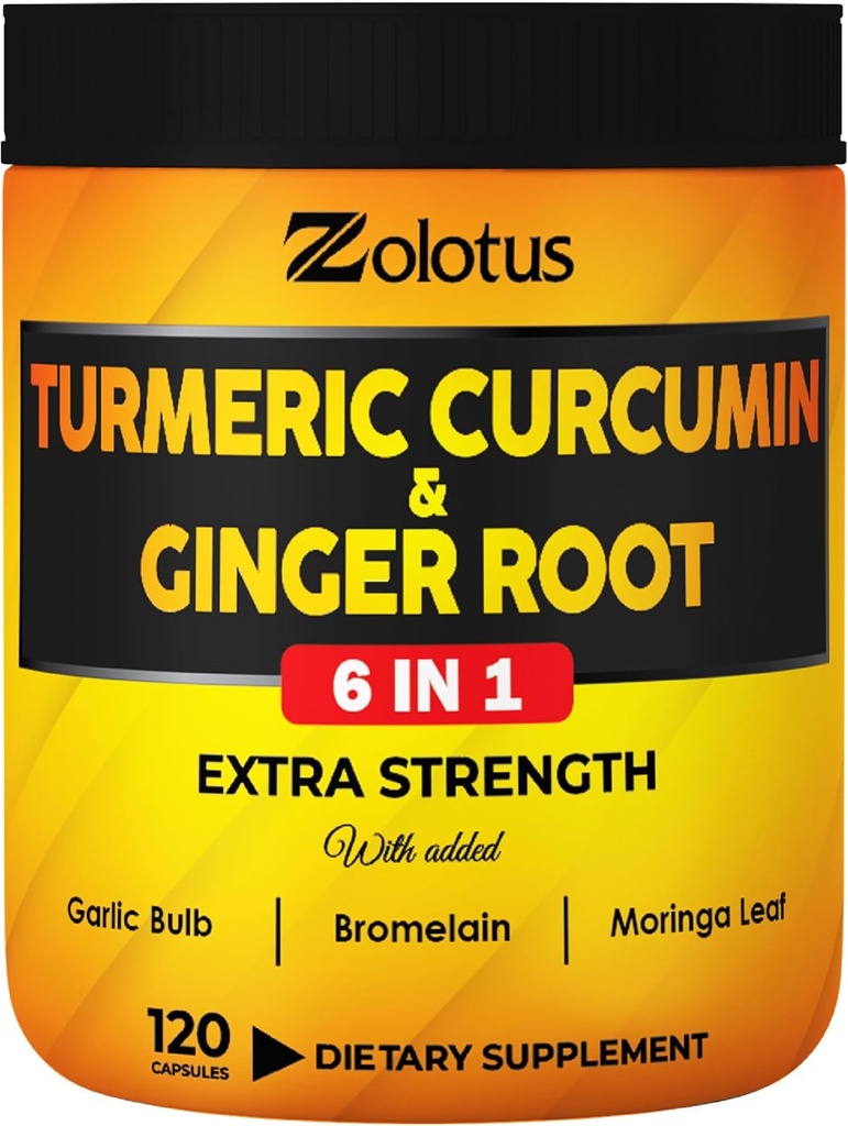 6 en 1 Curcumine curcuma + Ginger Capsules, 95% Curcuminoides avec Ginger, Bulbe ailique, Bromelain, Moringa, Poivre noir - 120 Capsules