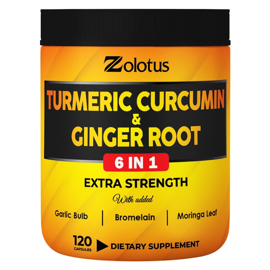 6 in 1 Turmeric Curcumin + Ginger Capsules, 95% Curcuminoids with Ginger, Garlic Bulb, Bromelain, Moringa, Black Pepper - 120 Capsules
