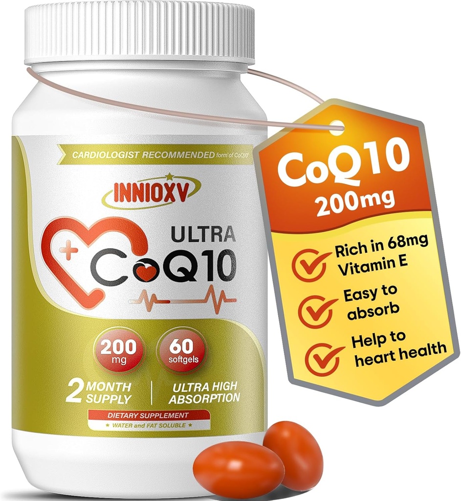 CoQ10 200mg Softgels – Coenzyme haute absorption Q10 pour la santé cardiaque, l'énergie cellulaire et le soutien antioxydant – 60 Softgels