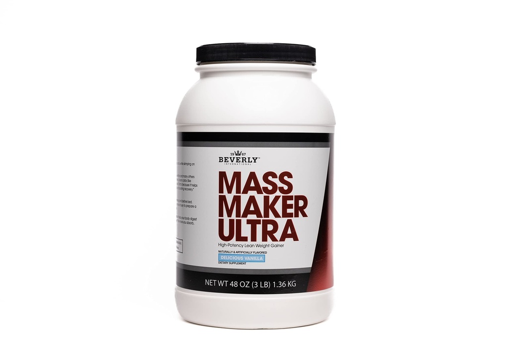 Beverly International Mass Maker Ultra Vanille, 14 portions, 3lb. Construire la masse maigre comme un pro. Isolé de protéines de lait, Isolé de protéines de lactosérum + oeuf. Huile MCT. Carbures propres, Grand goût
