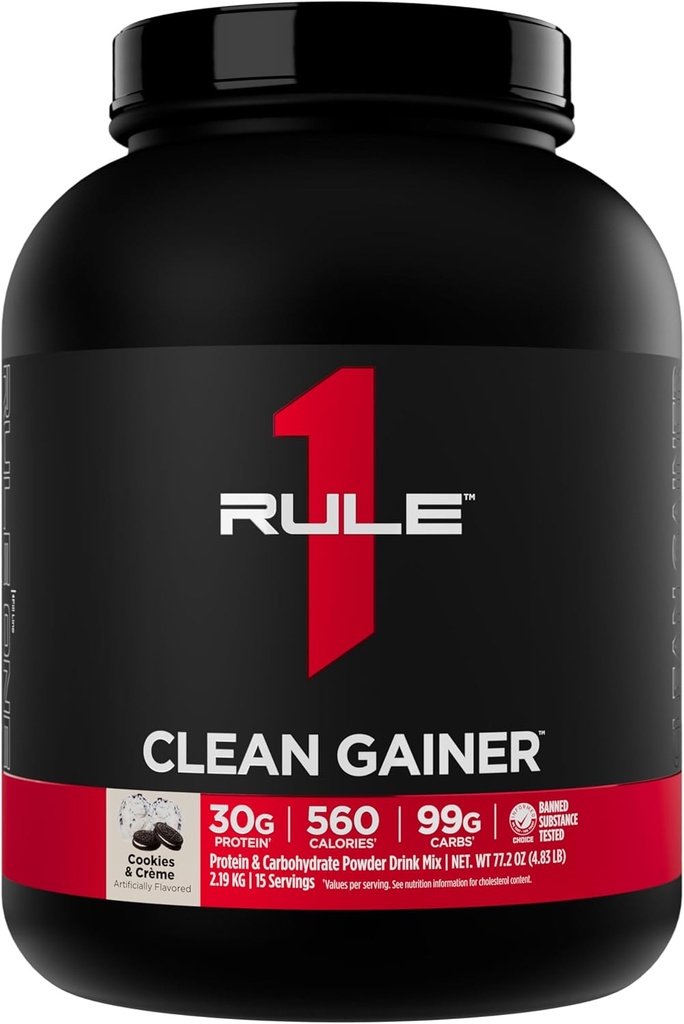 Rule 1 Clean Gainer - High-Protein Lean Gain Formula with 560 Calories, 30g of Full-Spectrum Protein, Over 90g Carbs, Under 6g of Fat (15 Servings, Cookies & Crème)