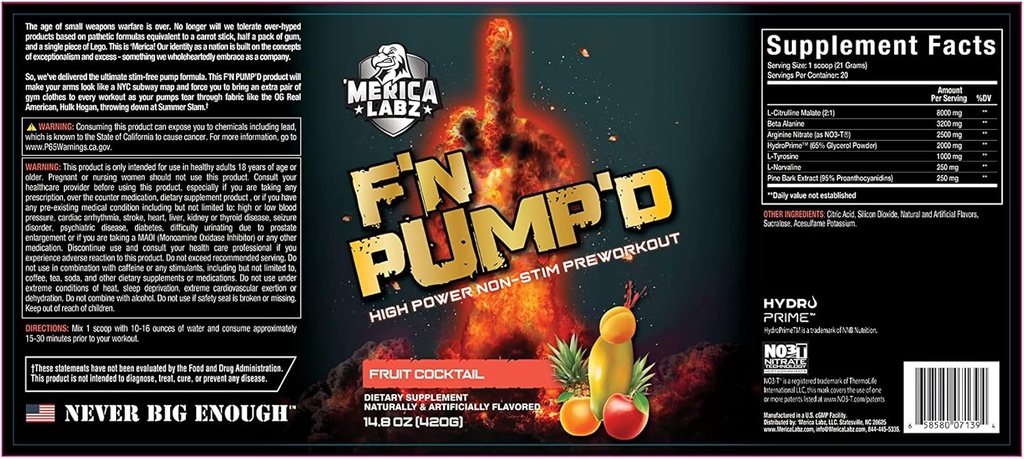 « Merica Labz F'N Pump »D Oxyde nitrique, sans stimulant, entièrement dosé, poudre de prétraitement (20 portions) (Cocktail de fruits)
