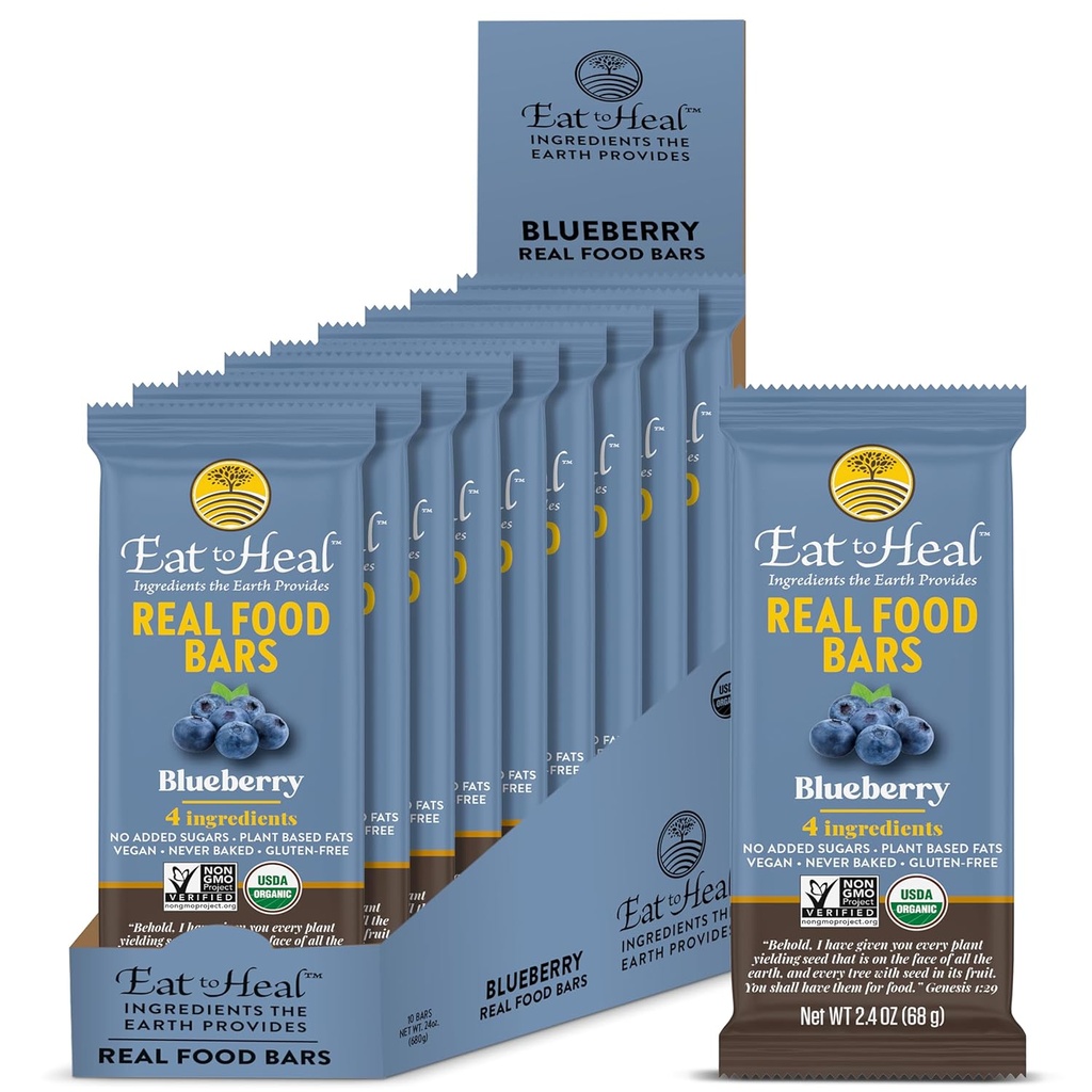 EatToHeal Blueberry Real Food Bar - Barres de protéines organiques, aliments végétaliens, aliments sans gluten sains - Barres de protéines à faible teneur en sucre, non OGM, jamais cuits, à base de plantes collations biologiques - conçu pour profiter