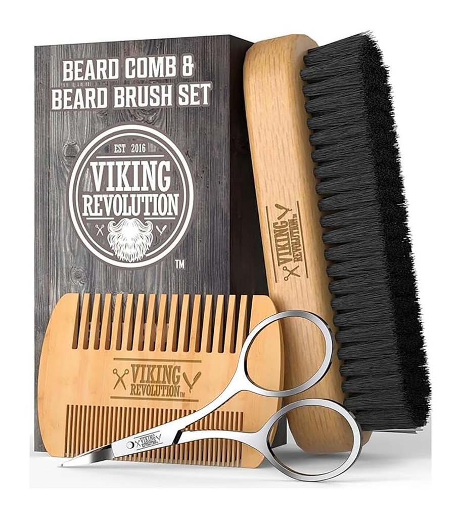 Ensemble de peigne à barbe et brosse à barbe Viking Revolution pour hommes -- Brosse naturelle de sanglier et peigne à poire à double action avec pochette de voyage Velvet - Idéal pour les barbes et les moustaches grimpantes