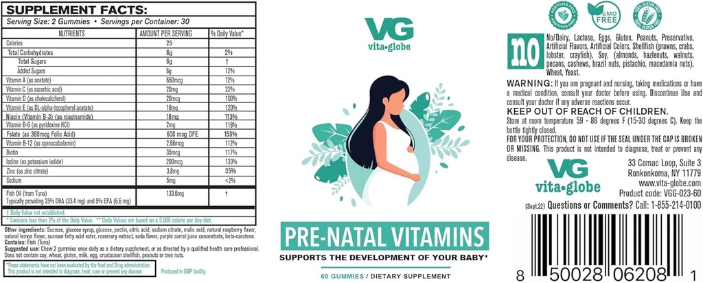 VITA GLOBE Huile de poisson prénatale Vitamines gommy - Multivitamines féminines pour une croissance saine et le développement du cerveau avec la vitamine A, D E, B6, Folate et Biotine, 60 Compte