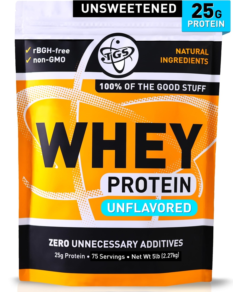 TGS Nutrition 100 Whey Protéine Poudre non aromatisée, non sucrée - propre, pas d'ingrédients artificiels pour les hommes et les femmes - 5lb en vrac, sans gluten de soja, kéto, faible teneur en glucides - récupération musculaire après entraînement
