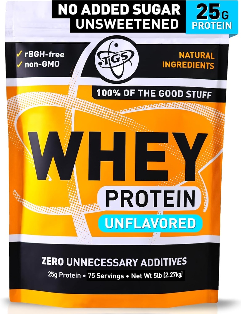 TGS Nutrition 100 Whey Protein Powder Unflavored, Unsweetened - Clean, No Artificial Ingredients for Men & Women - 5lb Bulk, Soy Gluten Free, Keto, Low Carb - Post Workout Muscle Recovery