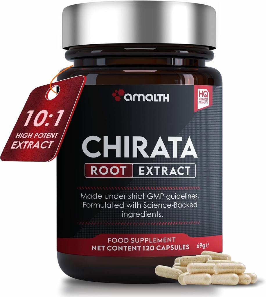 AMALTH Swertia Chirata Extract Powder 500 mg, 10:1 Potence Supplément de soutien du foie et suppléments d'acné harmonique pour les femmes peau saine - 120 capsules