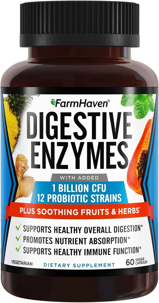 FarmHaven Digestive Enzymes with 18 Probiotics & Herbs | Papaya, Bromelain, Protease & More for Lactose Absorption & Better Digestion | Helps Bloating, Gas, Constipation | Vegetarian, 60 Capsules