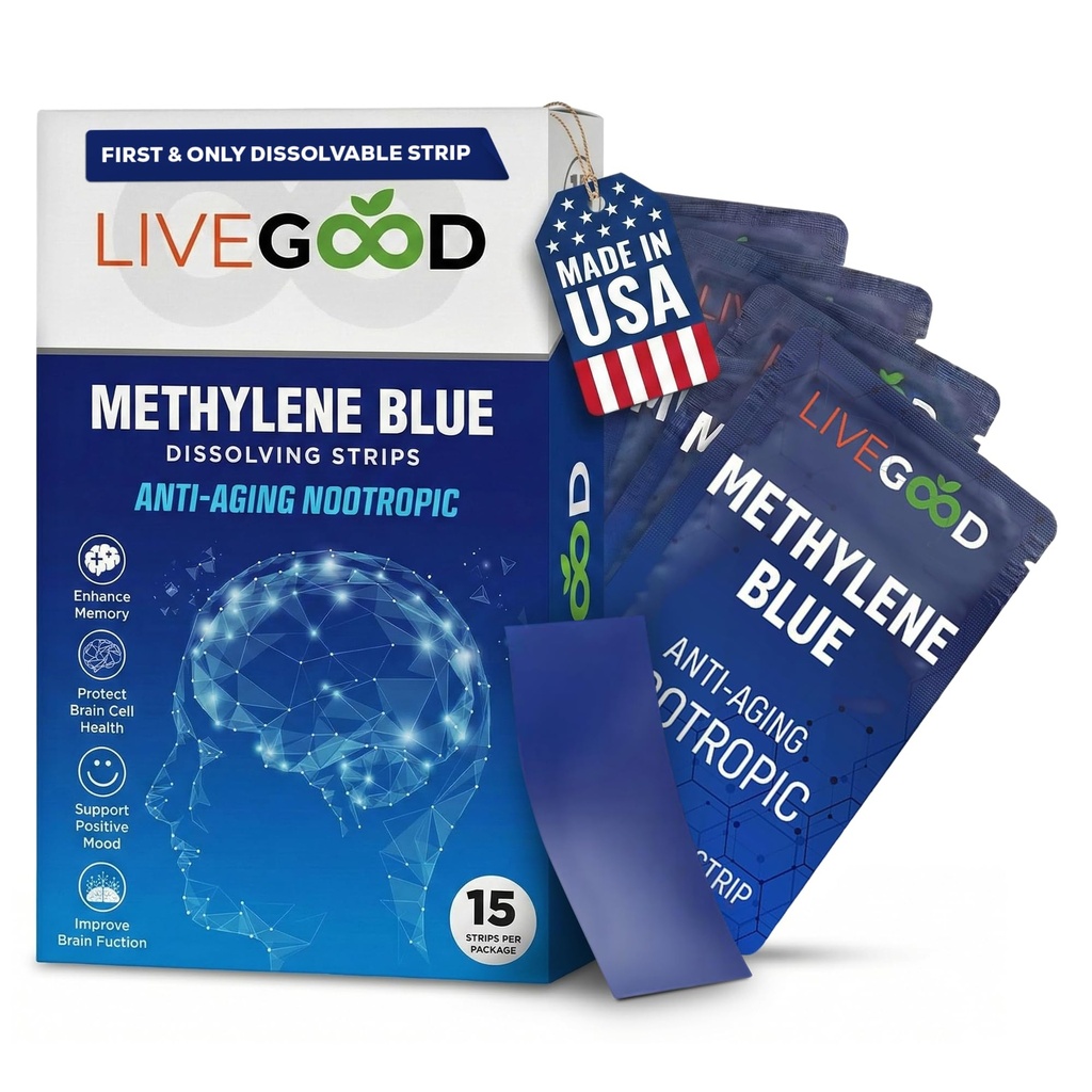 LIVEGOOD Bleu de Méthylène – Bleu de Méthylène pour les humains, Suppléments Cerveau pour la mémoire et le focus, Clarity & Énergie Cognitive, Soutien Cerveau Nootropique, Fabriqué aux États-Unis, 15 Bandes Orales avec 20mg Chaque