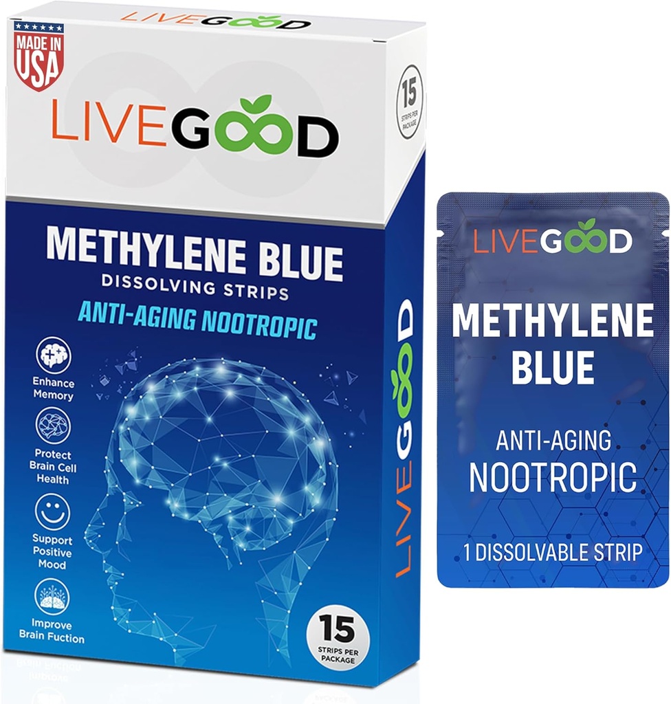 LIVEGOOD Bleu de Méthylène – Bleu de Méthylène pour les humains, Suppléments Cerveau pour la mémoire et le focus, Clarity & Énergie Cognitive, Soutien Cerveau Nootropique, Fabriqué aux États-Unis, 15 Bandes Orales avec 20mg Chaque
