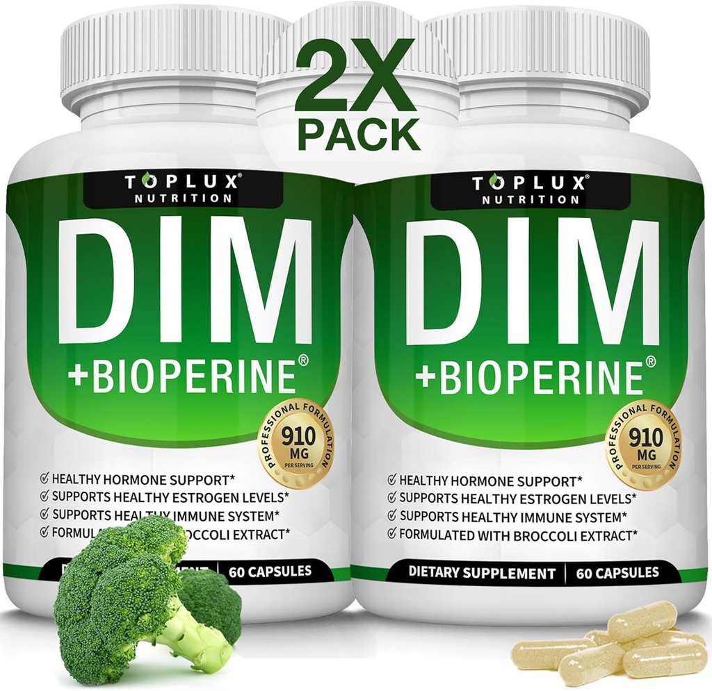 Dim Supplément 910 mg Plus Complexe BioPerine - Diindolylméthane pour soutenir l'équilibre hormonal et le métabolisme œstrogène, aide avec l'acné ménopause PCOS Bodybuilding de la peau, pour les hommes femmes, 60 Capsules