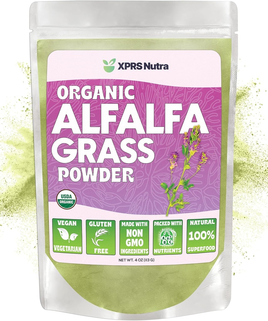 XPRS Nutra poudre d'alfalfa biologique - supplément végétalien premium riche en calcium, antioxydants, vitamines - supplément agricole d'alfalfa pour les enfants et les adultes - Vegan Friendly Healthy Leaf (4 onnce)