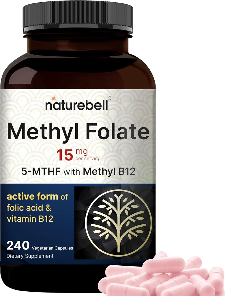 NatureBell L Methylfolate 15mg, 240 Capsules de Véggies 5-MTHF avec du Methyl B12 1 000mcg