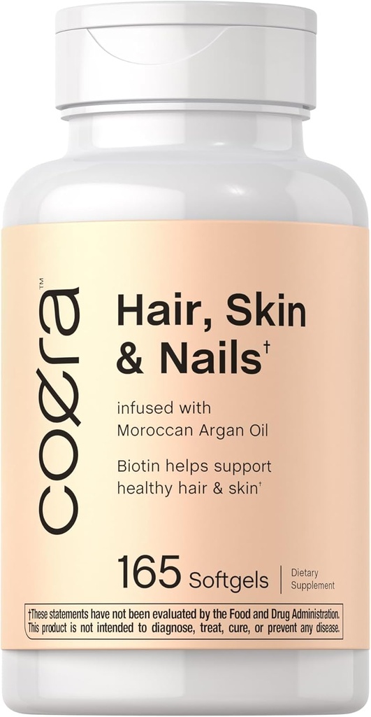 Coera Cheveux, peau et ongles Vitamines de 165 softgels avec biotine, collagène et huile d'argan marocaine.
