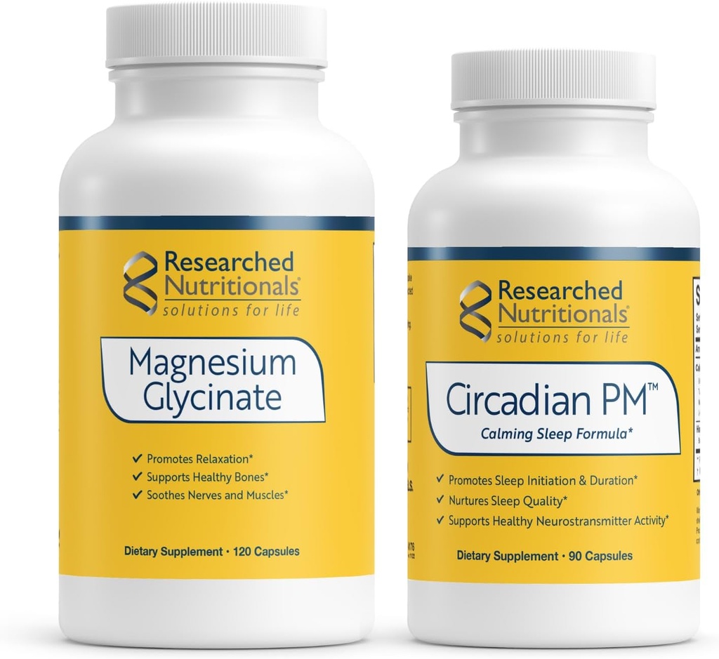 Recherches Nutritionales Soutien nocturne avec PM circadienne et Glycinate de magnésium - 2 produits avec Mélatonine, Valérien, 5-HTP, GABA et un supplément de magnésium