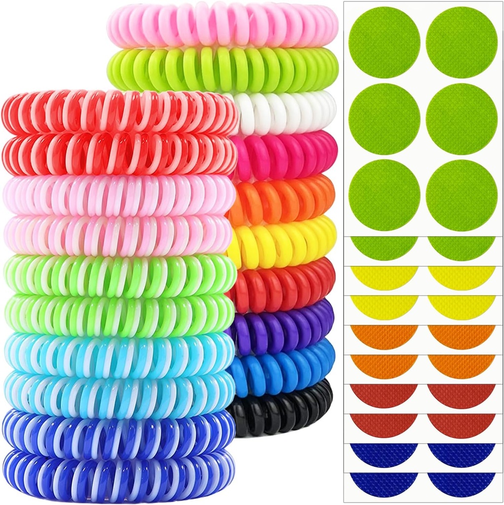 Bracelets déperlants Mosquito 20 Pack, Bandes déperlantes Mosquito emballées individuellement avec 60 Pcs Stickers déperlants Mosquito Patches, Bracelets insectifuges sans DEET pour adultes Enfants