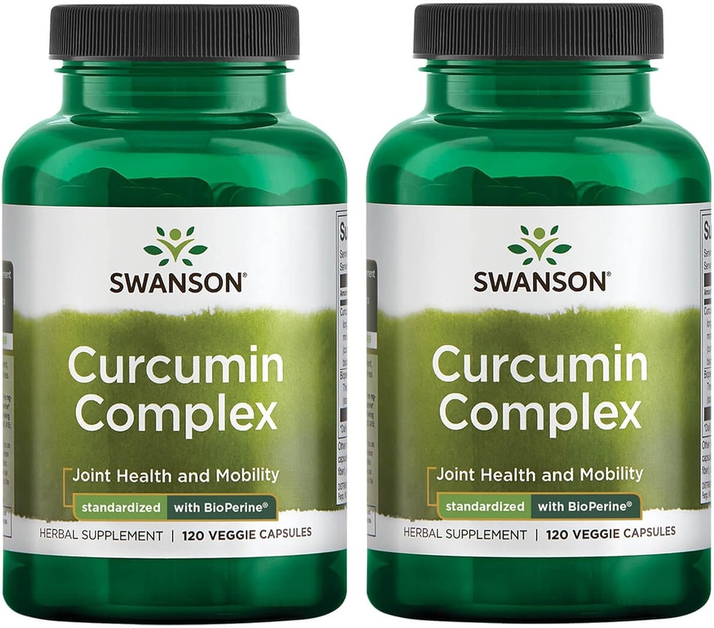 Complexe de Curcumine de Swanson - Supplément à base de plantes pour soutenir la santé, la mobilité et la fonction physique - Standardisé avec BioPerine pour l'absorption maximale - (120 Capsules de Veggie) (2 Pack)