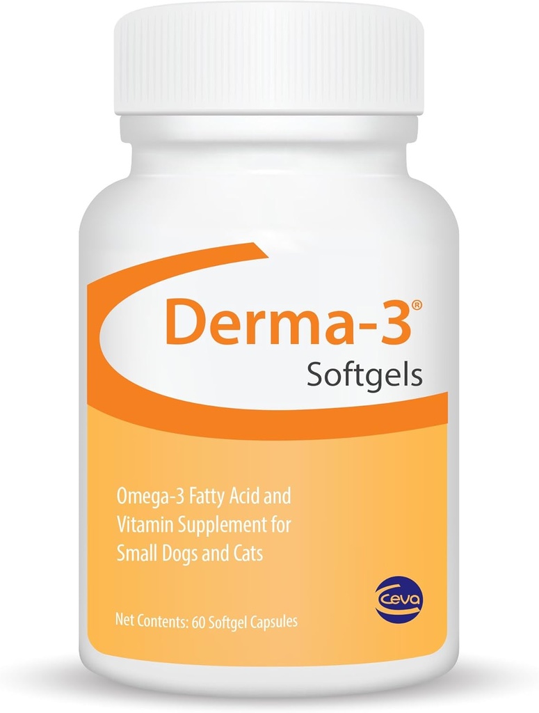 Ceva Derma-3 Softgels, Oméga-3 Acides gras et supplément de vitamine pour petits chiens + chats (60 Nombre)