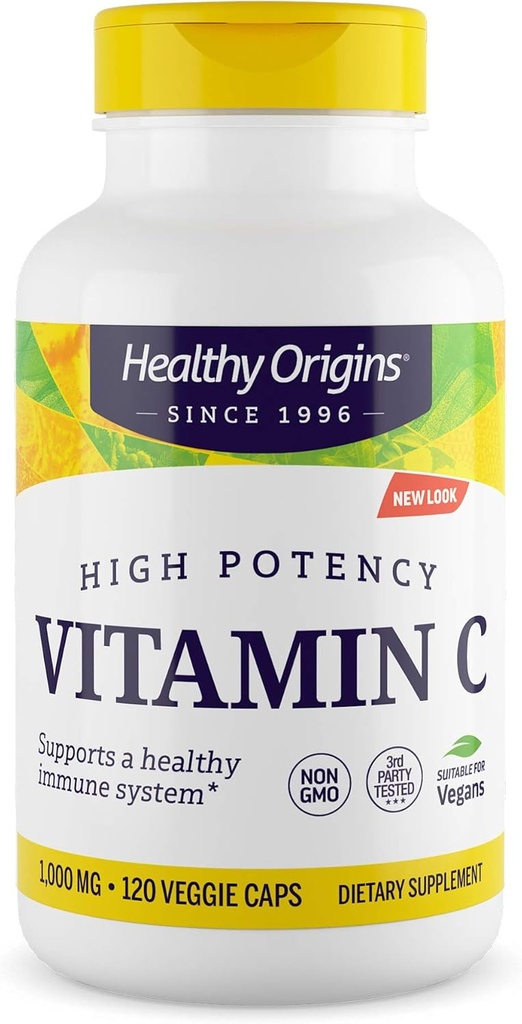 Origines saines Vitamine C 1 000 mg (non-OGM testé, haute puissance, soutien immunitaire, végétalien), 120 capsules végétatives
