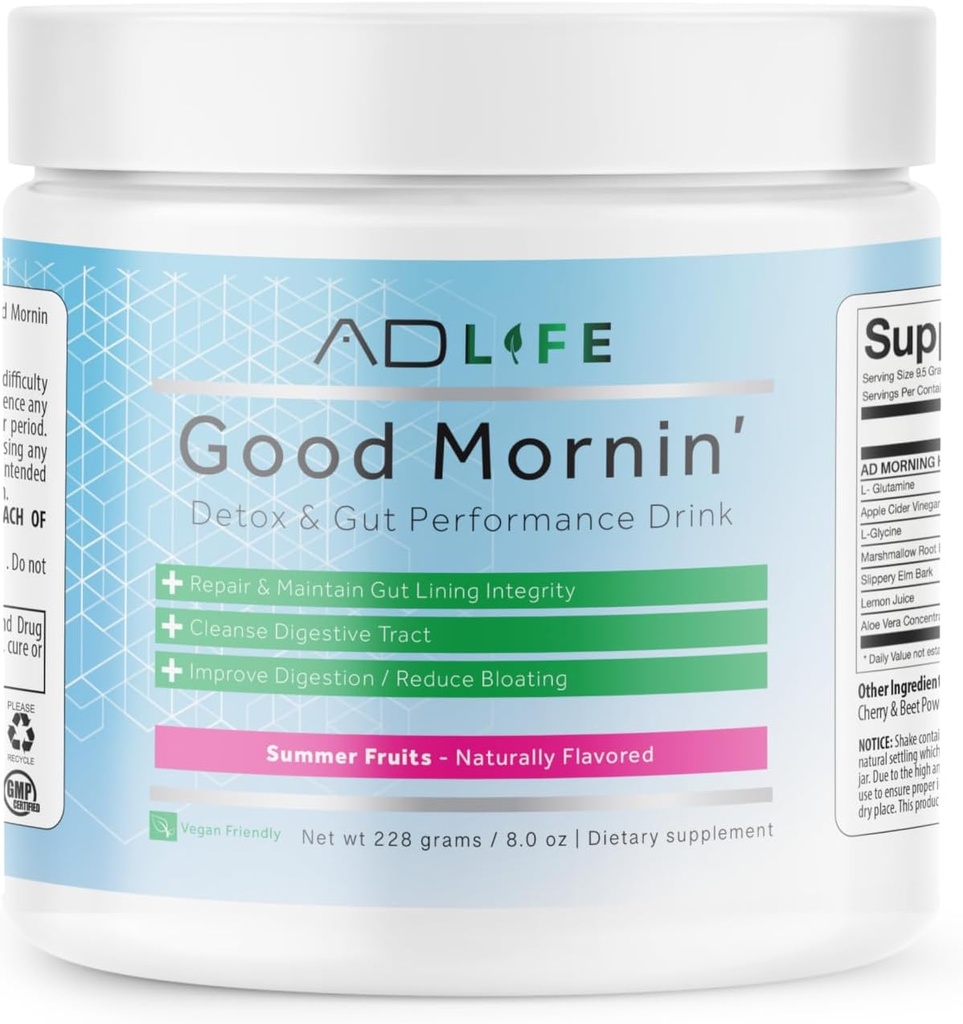 Projet AD Life Détox Good Morning et boisson de performance, naturellement aromatisé et formulé avec de la L-GLutamine, vinaigre de cidre de pomme et Aloe Vera (24 portions, fruits d'été)