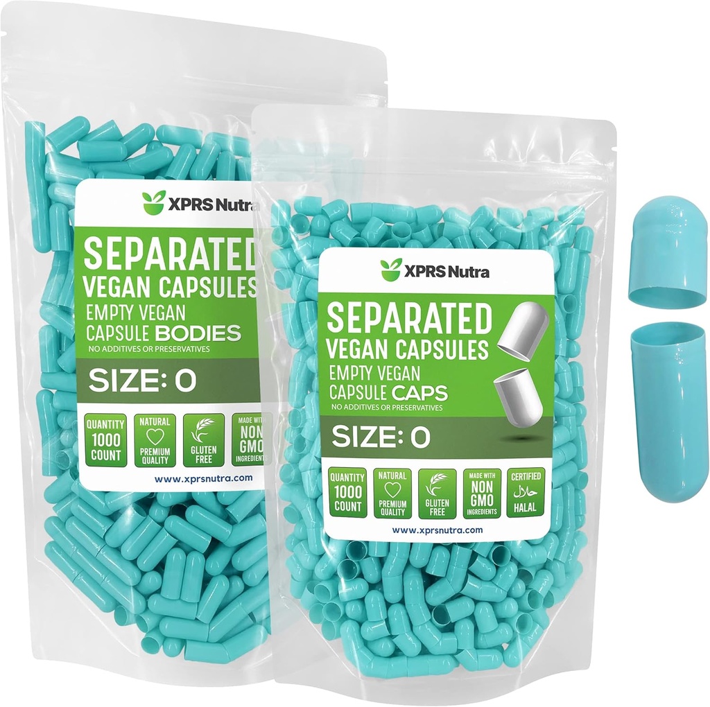 XPRS Nutra Vegan Taille 0 Capsules séparées - 1000 Compte Capsules vides Premium Séparées dans des sacs - Pills 0 pour le remplissage de supplément de bricolage (Aqua)