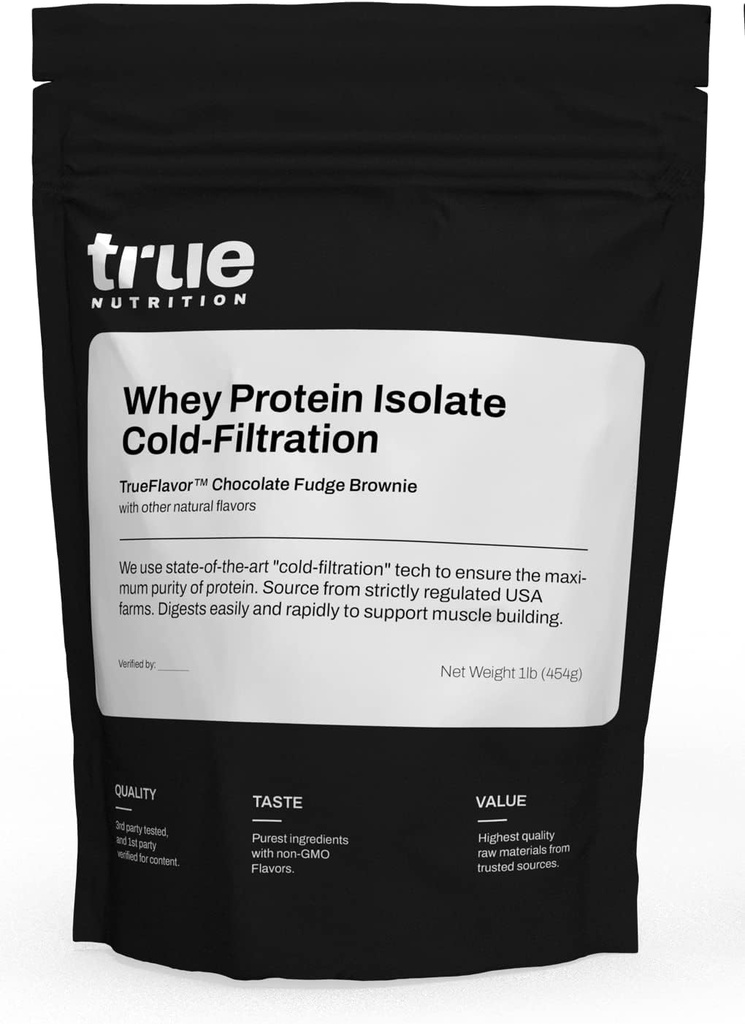True Nutrition - Chocolate Whey Protein Isolate Cold-Filtration -100% Whey Protein Poudre -27g Protéines par portion - Mélanges Facilement et Goûte Grande - Tiers Testés - Chocolate Fudge Brownie - 1lb