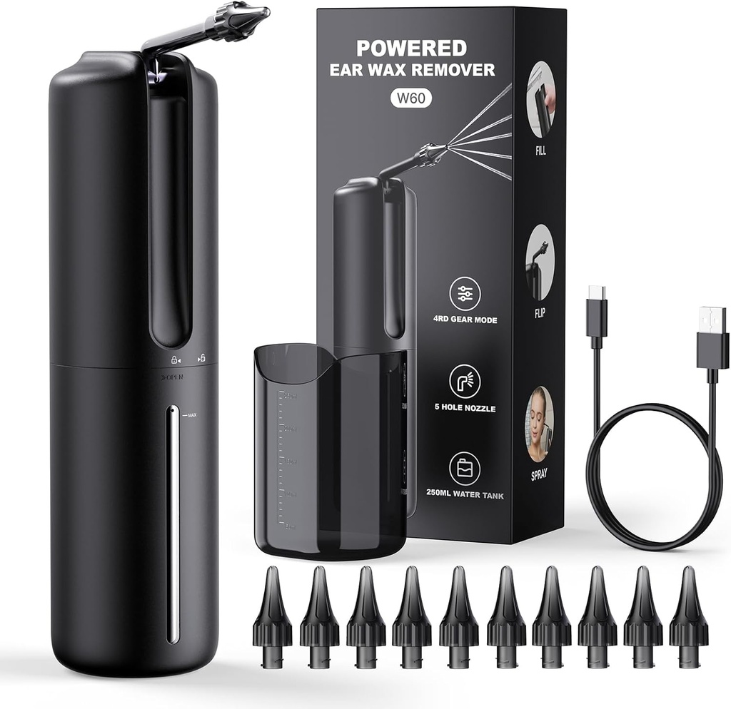 Enlèvement de la cire d'oreille Système d'irrigation électrique Nettoyeur d'oreille alimenté par l'eau avec 4 modes de pression Outil de nettoyage d'oreille sûr et efficace Résistant à l'eau USB rechargeable